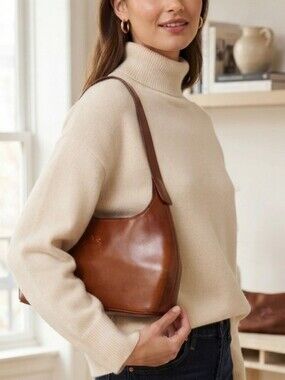 Authentic Longchamp Cognac Leather Shoulder Bag Minimalist Hobo Purse